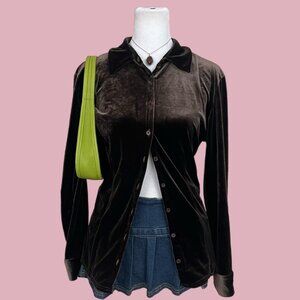 brown velvet y2k button up top whimsygoth grunge downtown it girl